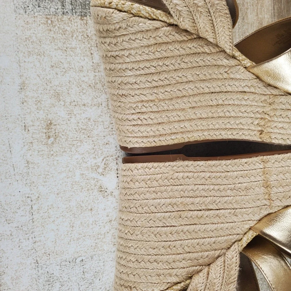 Sam Edelman Vada Women Espadrille Sandal Sz 9.5 Gold Leaf Ankle Strap Wedge Heel